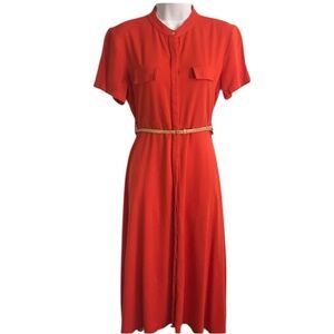 BASEMENT Women’s L Classic Coral Orange SS Button Up Flowy Maxi Shirt Dress EUC